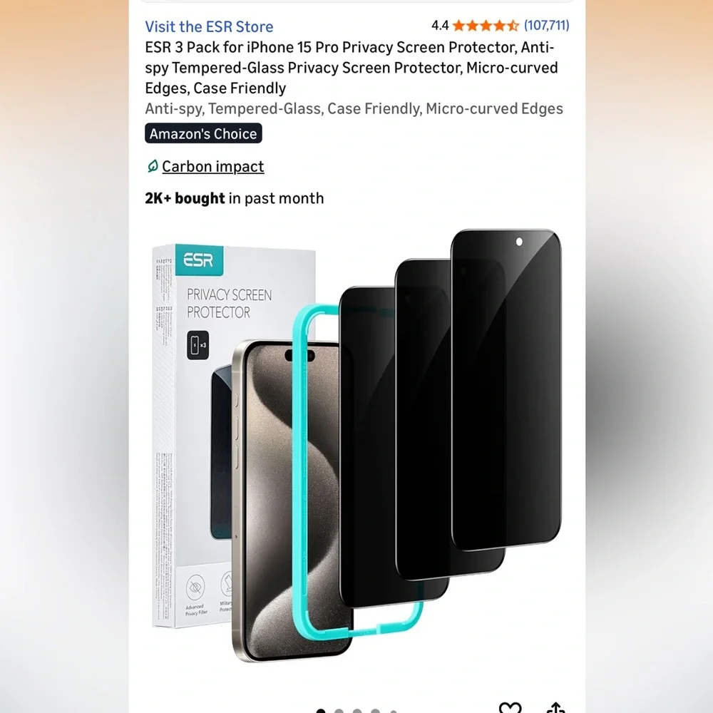 ESR 3 Pack for iPhone 15 Pro Privacy Screen Protector, Anti-spy, New in box.